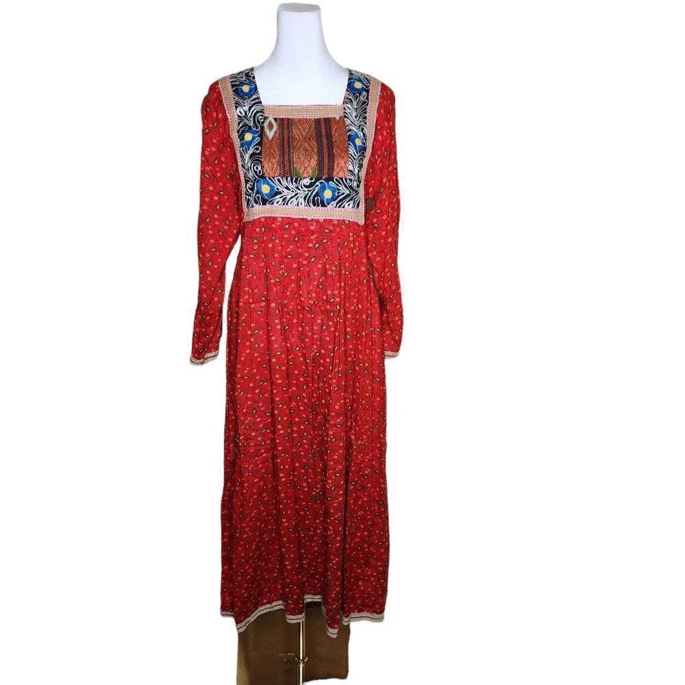 Vintage 70s Boho Maxi Peasant Dress Womens Size M Red Gauze Ethnic Embroidered T